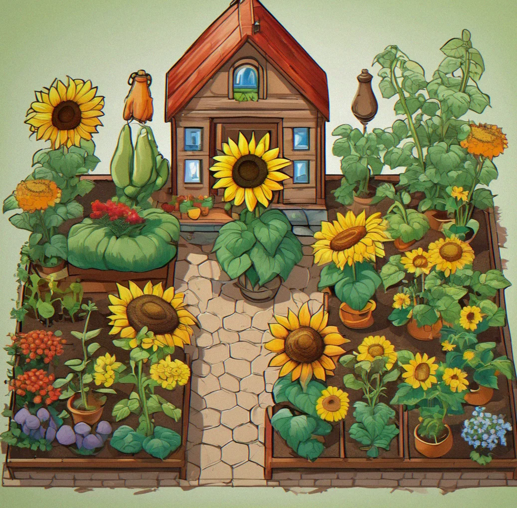 Starting out with a small garden—three sunflowers and a carrot plant spread across a 6 by 8 grid