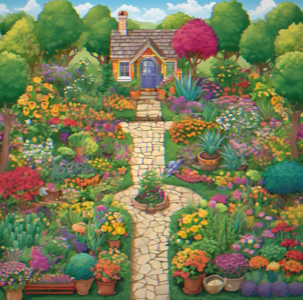Your garden expanded to its largest size—a 12 by 16 grid packed with layered decorations, paths and mature hybrids