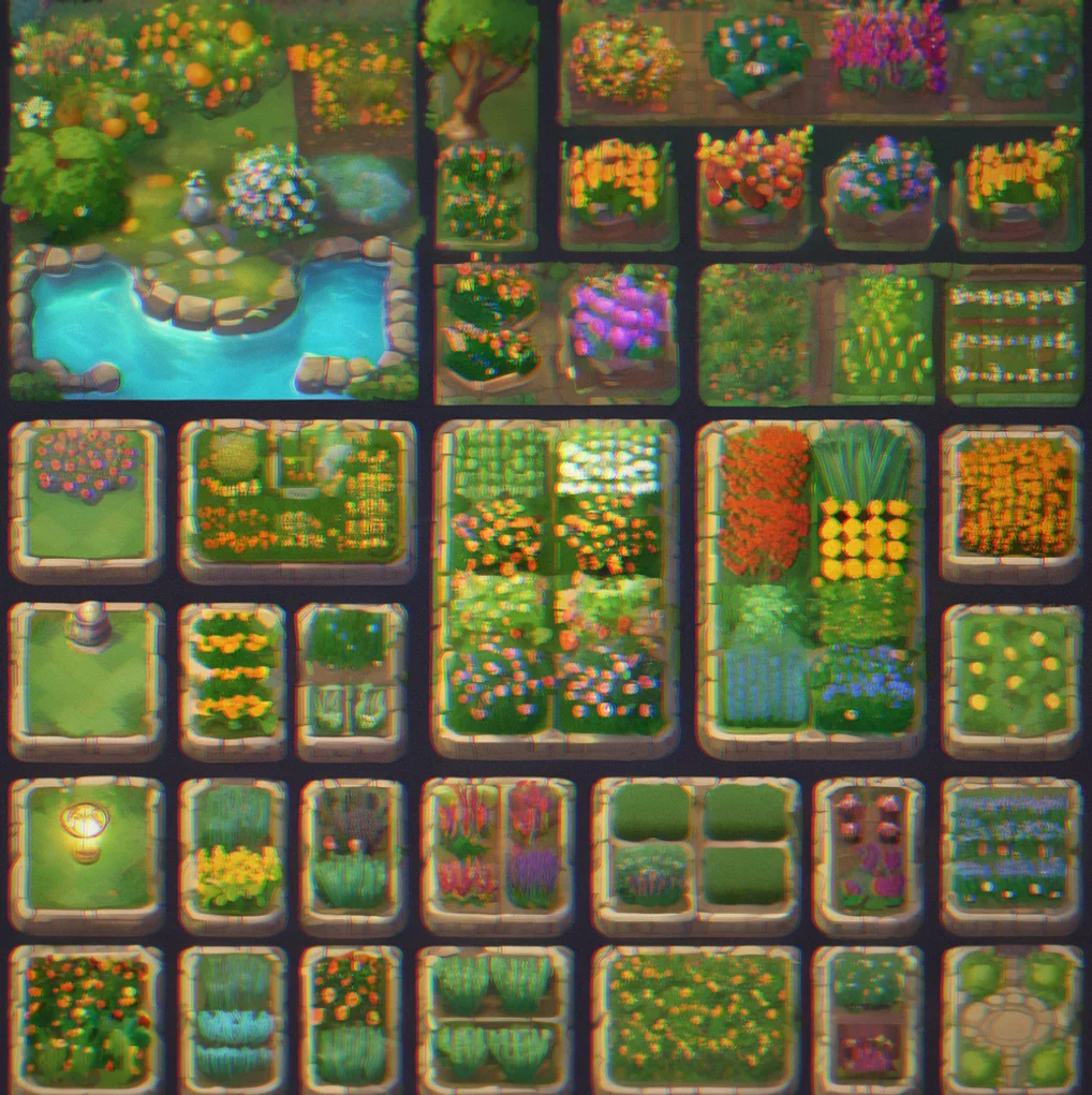 Screenshots of different player gardens displayed in a grid, each with unique creative layouts