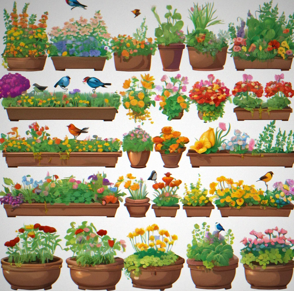 A progression showing a single flower pot developing from seed to mature bloom across five stages