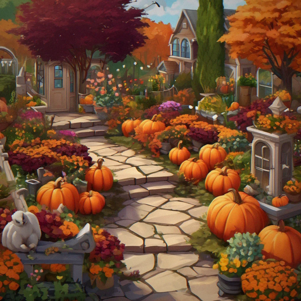 A garden during autumn season showing orange pumpkins, deep burgundy flowers, and harvest-themed decorations