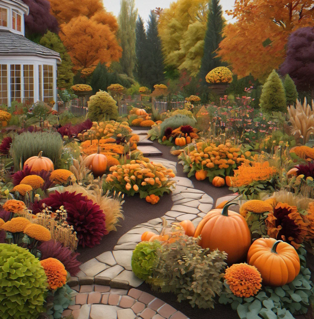 Fall garden with orange pumpkins, burgundy dahlias, golden wheat, and autumn foliage