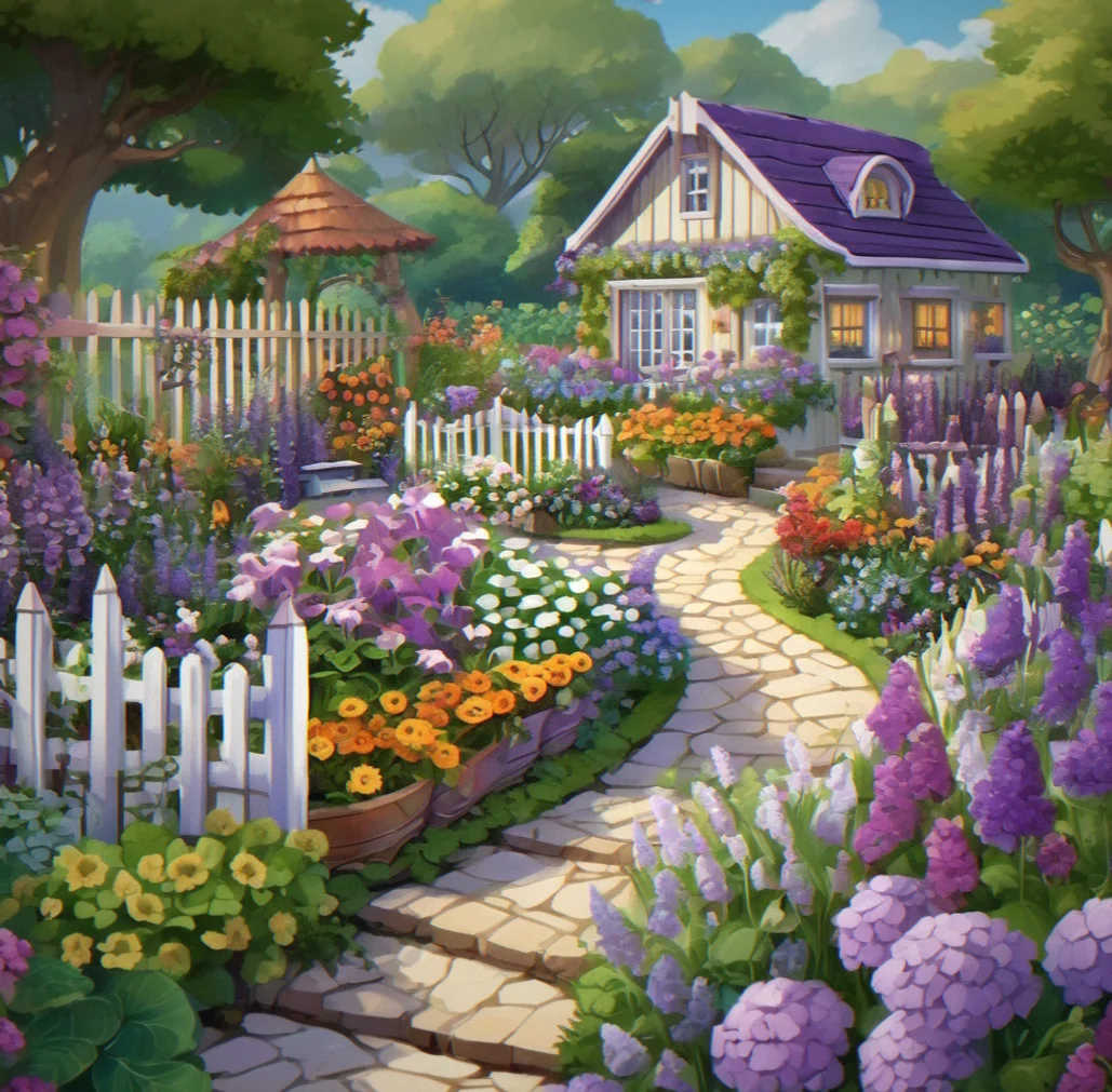 Cottage-style garden with purple and white flowers in rows, wooden fence, and pastel planters