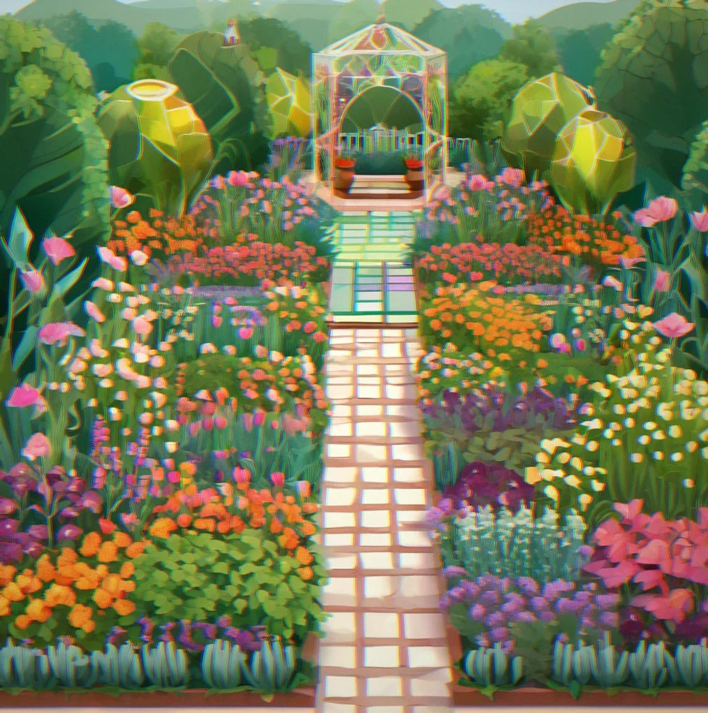 Geometric garden with hybrid plants in contrasting colors arranged in diagonal and zigzag rows