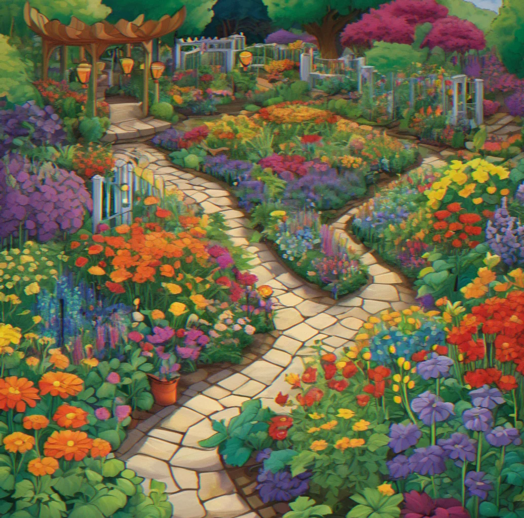 Garden with hybrid flowers spanning red, orange, yellow, green, blue and purple across separate beds