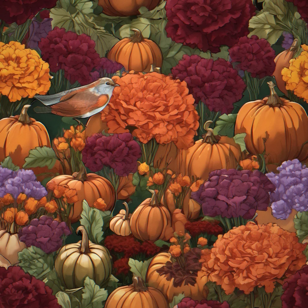 An autumn-themed garden section with deep burgundy carnations, orange pumpkin variants, golden wheat, amber-tinted roses, and brown decorative gourds