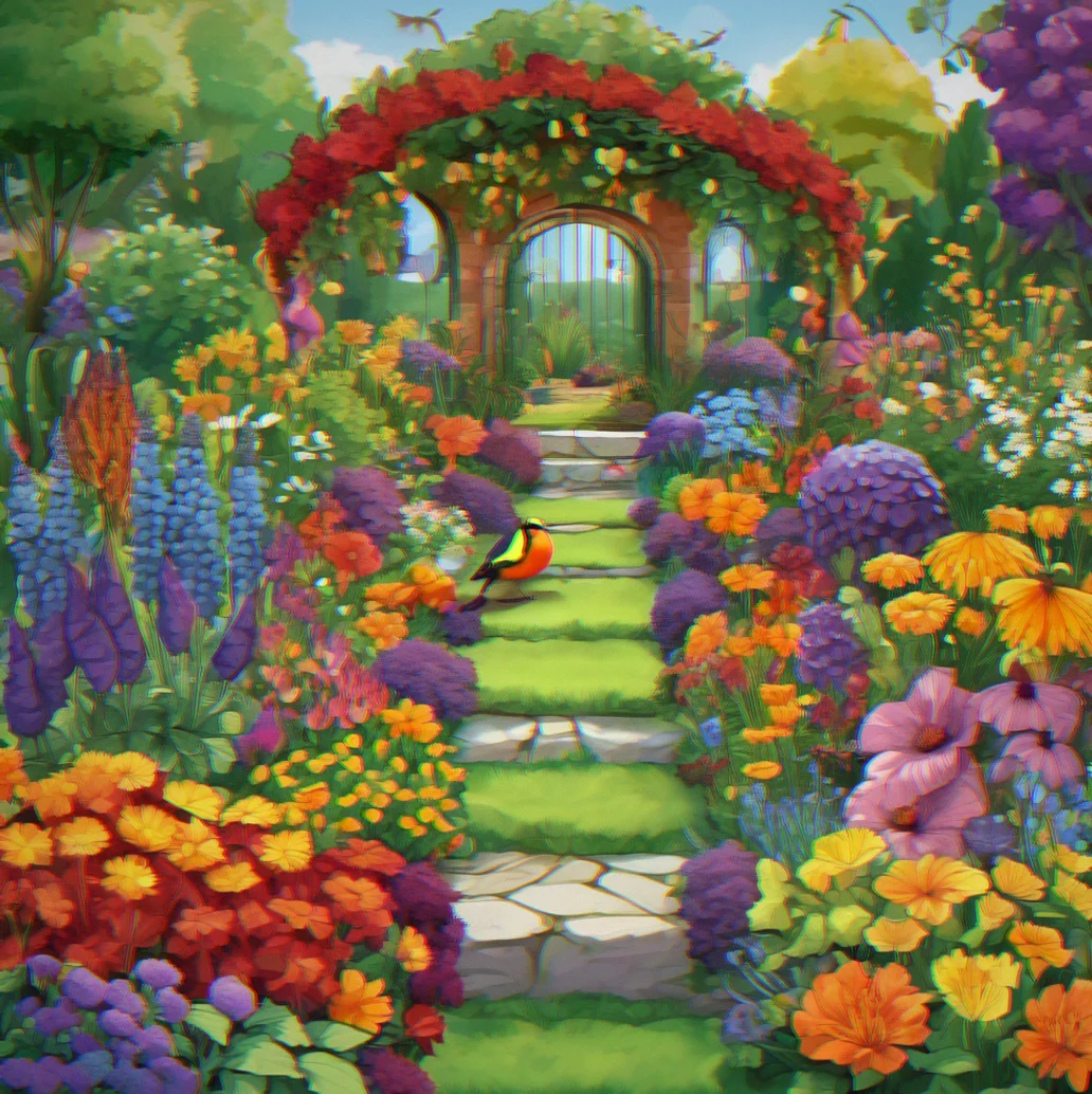 A garden displaying a full color spectrum of hybrid flowers arranged from deep red through orange, yellow, green, blue, and purple varieties