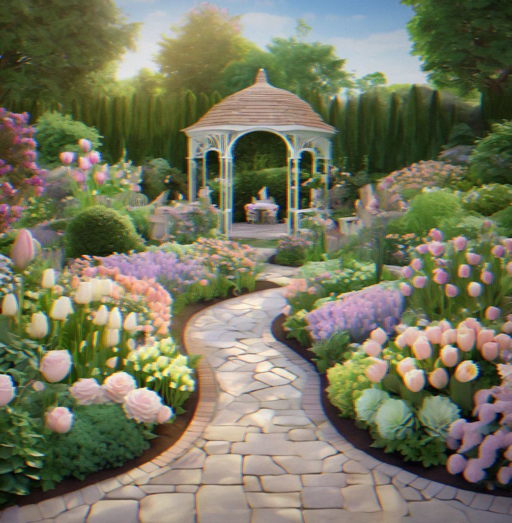 A serene pastel garden with soft pink roses, pale lavender tulips, cream-colored dahlias, and mint-green ornamental plants arranged in curved beds
