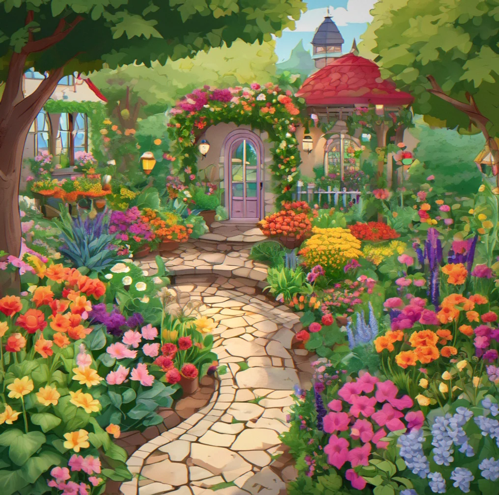 A lush garden filled with colorful hybrid flowers, vegetables and seasonal decorations arranged in a custom layout